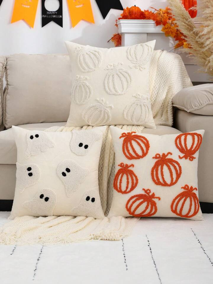 1pc Halloween Ghost Plush Embroidery Decorative Throw Pillow Cover For Living Room, Bedroom | SHEIN