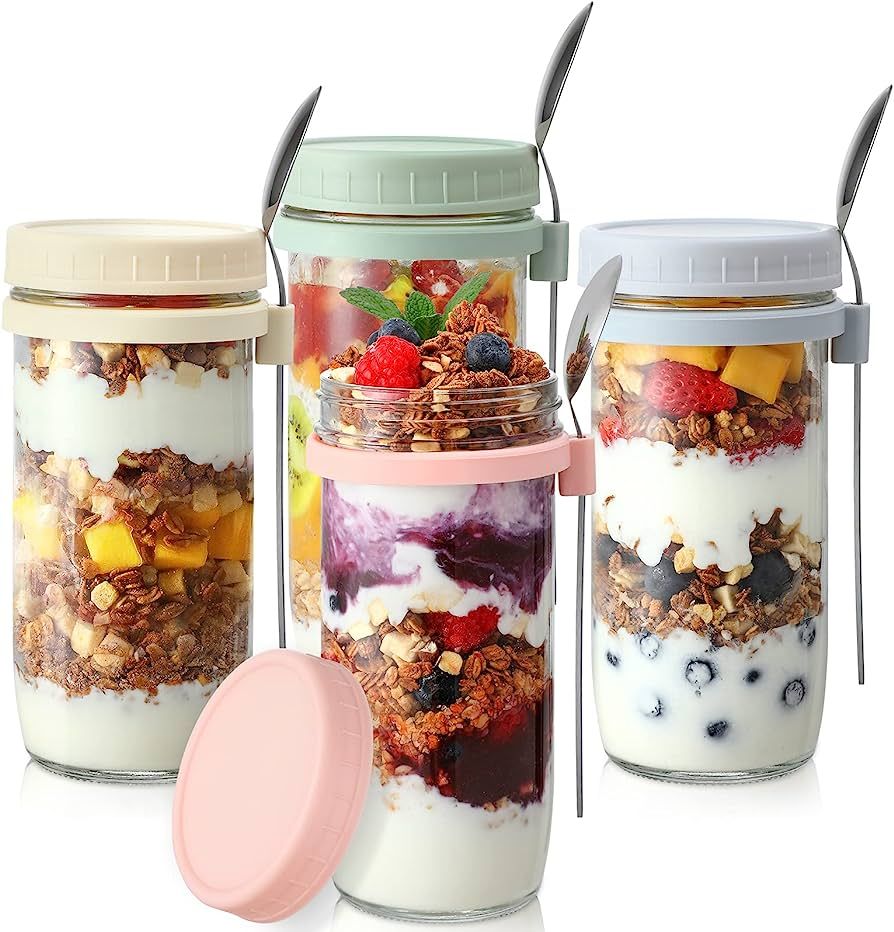 LANDNEOO 4 Pack Overnight Oats Containers with Lids and Spoons, 24 oz Glass Mason Jars for Overni... | Amazon (US)