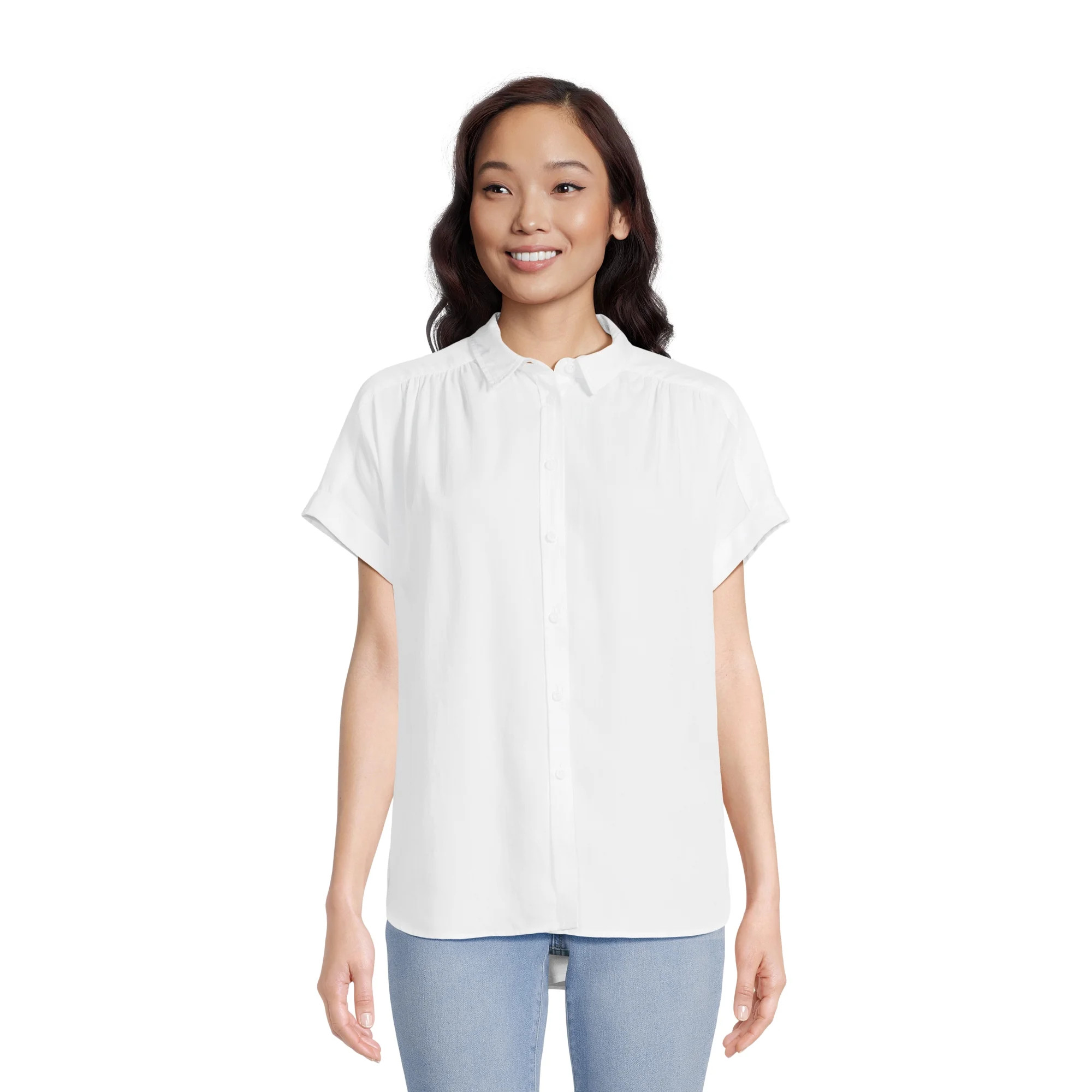 Time and Tru Women's Button Down Camp Shirt with Roll Cuff Sleeves, Sizes XS-XXXL - Walmart.com | Walmart (US)