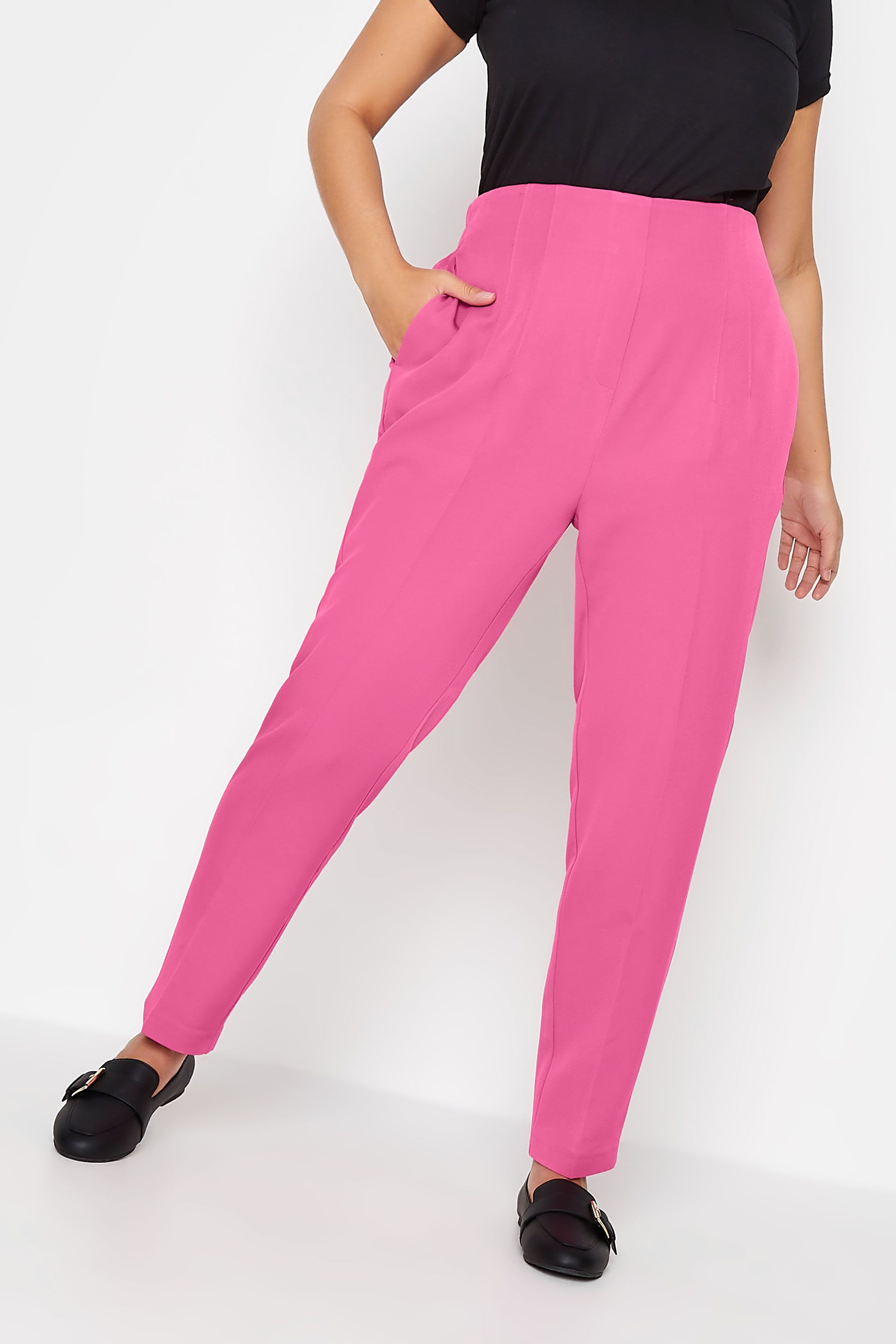 YOURS Plus Size Curve Bright Pink Darted Waist Tapered Trousers | Yours Clothing UK