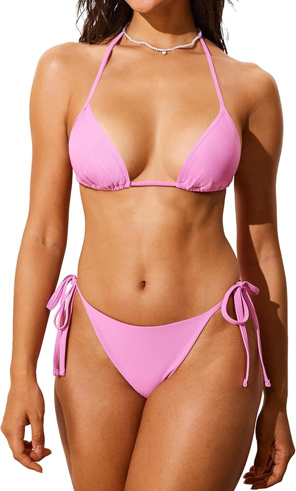 DOBREVA Women's Two Piece Swimsuit Triangle Bikini Sets String Ribbed Sexy Bathing Suit Halter Sw... | Amazon (US)