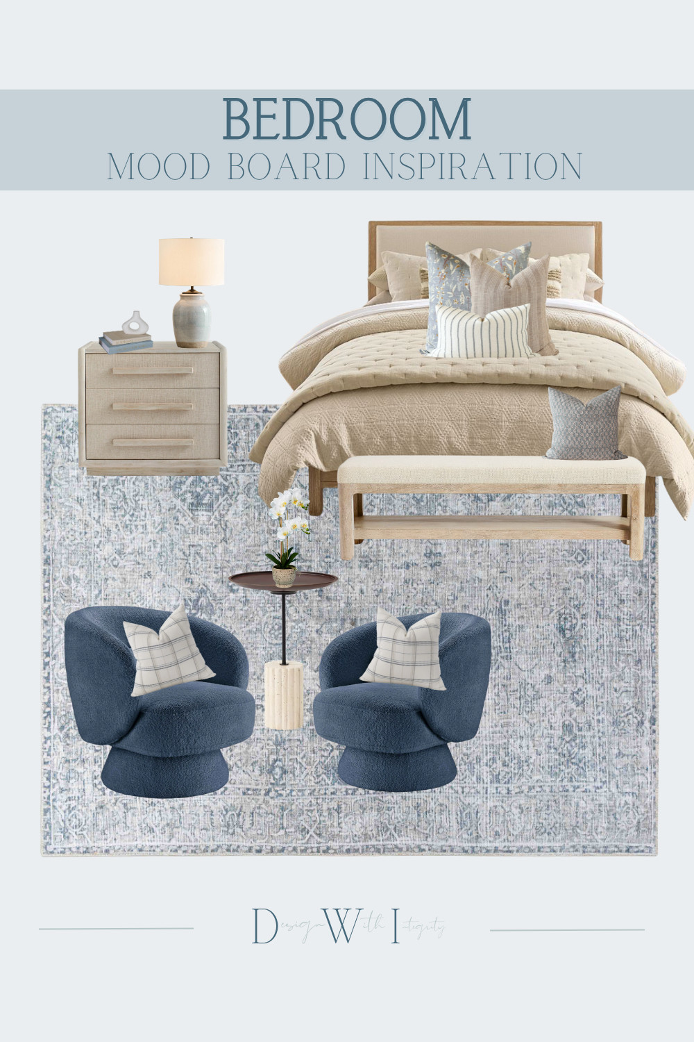This bedroom mood board blends warm neutrals with soft blue accents for a space that feels calm, layered, and beautifully inviting. The natural wood finishes paired with cozy boucle seating and textured bedding create a timeless designer look that feels both elevated and approachable.

I love how the deep navy accent chairs ground the lighter palette while the layered pillows and soft rug bring warmth and softness throughout the space. Every detail was selected to create a relaxing retreat with a collected and sophisticated feel.

Tap through to shop all selections and recreate this cozy designer inspired bedroom in your own home.

#bedroomdecor #bedroominspiration #interiordesign #neutralbedroom #blueandneutral #cozyhome #traditionalhome #bedroomstyle #homedecor #ltkhome

bedroom mood board
blue and neutral bedroom
cozy luxury bedroom
designer bedroom inspiration
layered bedding
boucle accent chairs
neutral bedroom decor
warm wood furniture
traditional bedroom style
home decor finds 

 #LTKHome