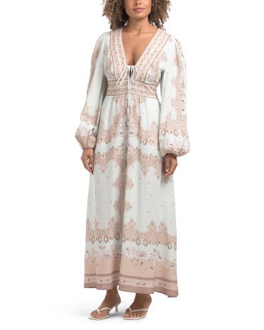 Linen Blend Long Sleeve Deep V Maxi Dress For Women, Cotton/Linen/Rayon | TJ Maxx