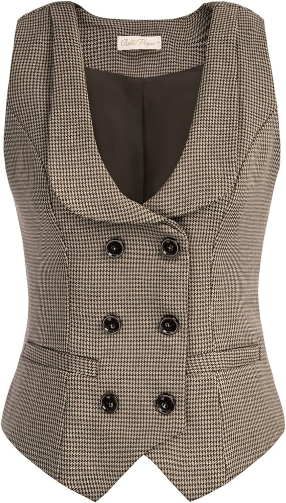 Belle Poque Women Double Breasted Waistcoat Vintage Lapel Collar Vest Coat with 2 Pockets | Amazon (US)