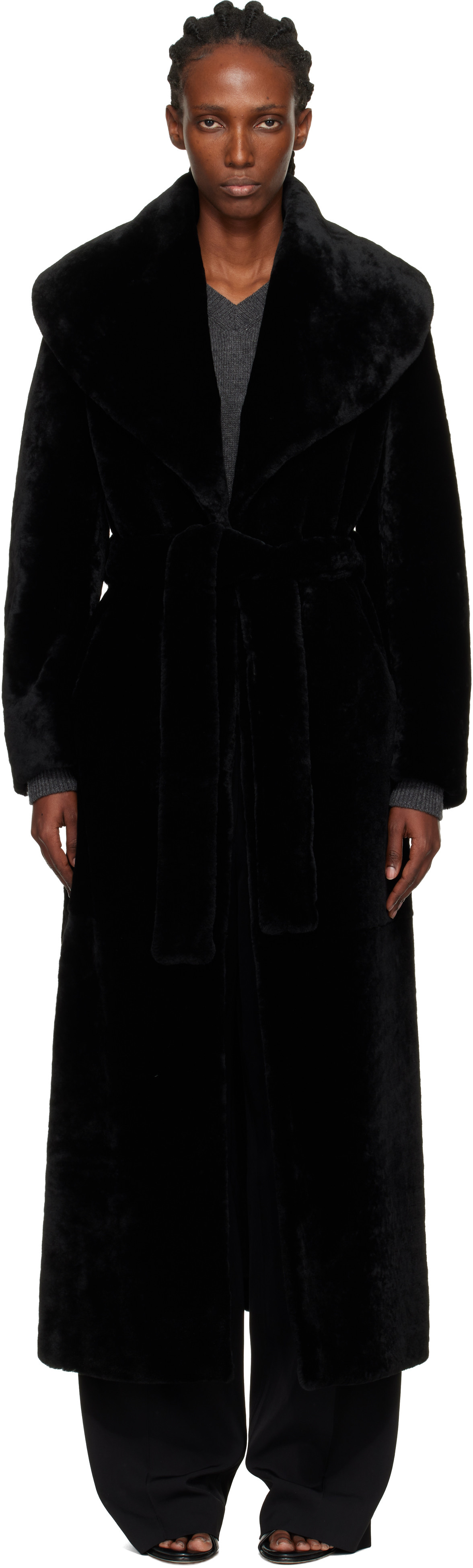 Nour Hammour Black Giovanna Enveloping Shearling Coat | SSENSE