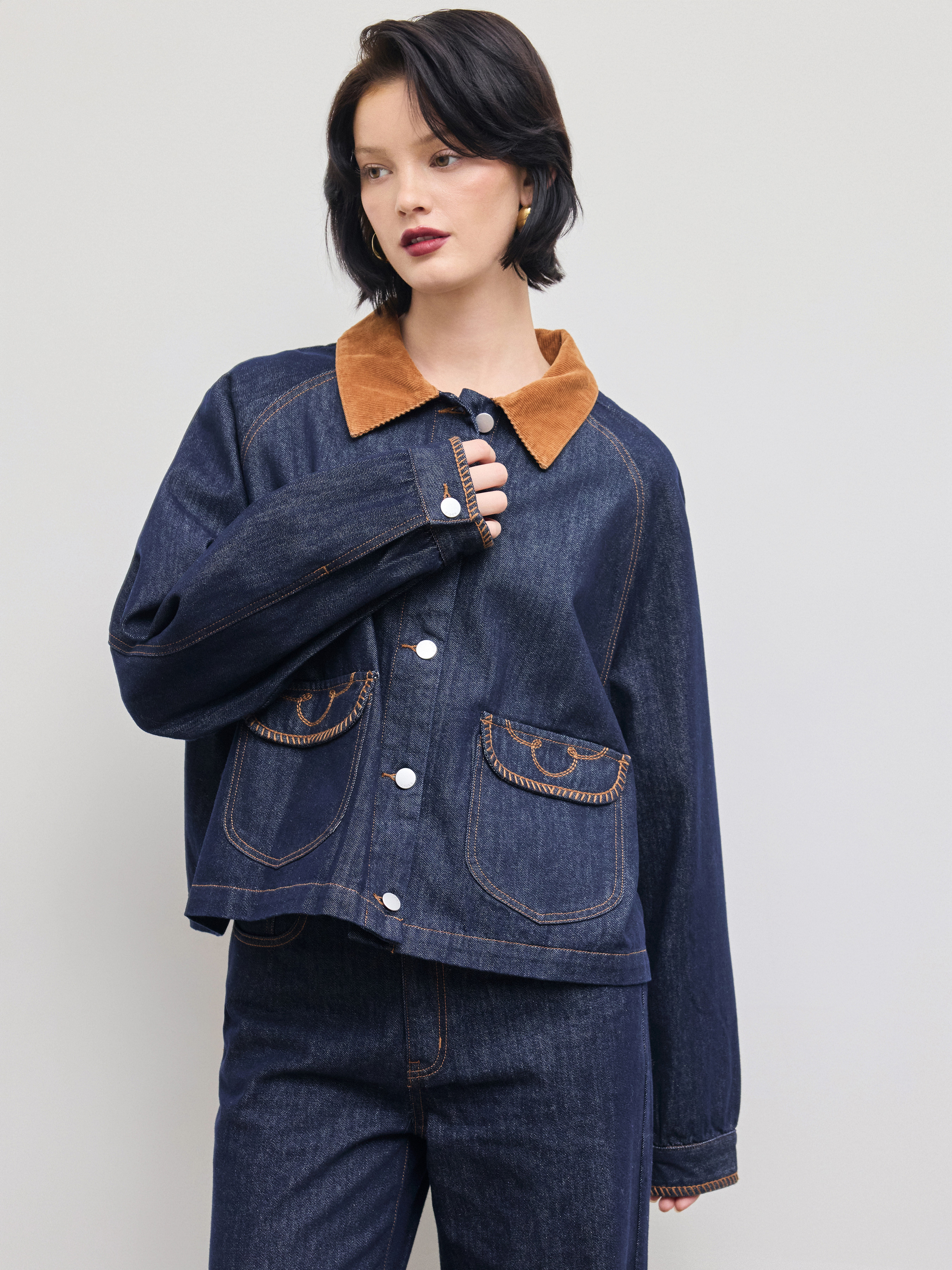 Denim Denim Collar Contrasting Binding Oversized Jacket For School | Cider