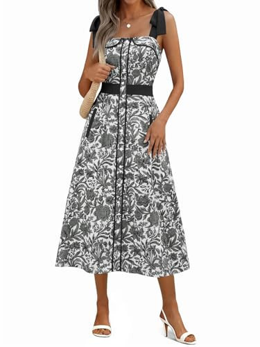 Wenrine Womens Summer Floral Midi Dress Casual Tie Strap Sleeveless Smocked Button Boho Flowy Beach Sundress with Pocket Black | Amazon (US)