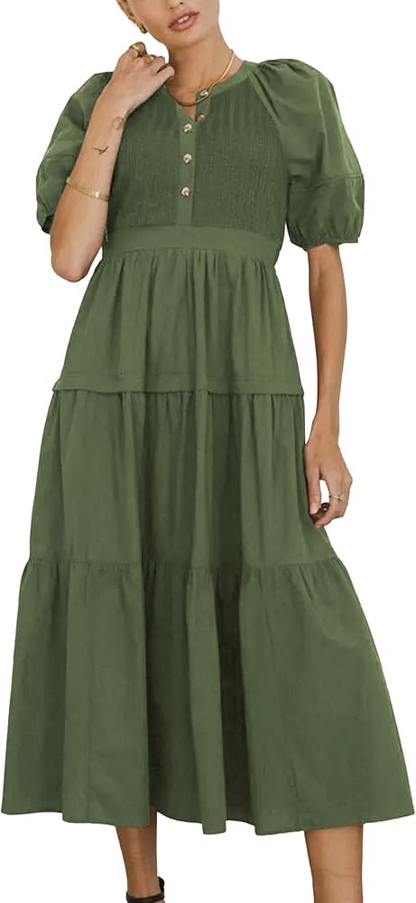 Women Summer Midi Dresses Short Sleeve Smocked Boho Crew Neck Button Down Ruffle Tiered Cocktail ... | Amazon (US)