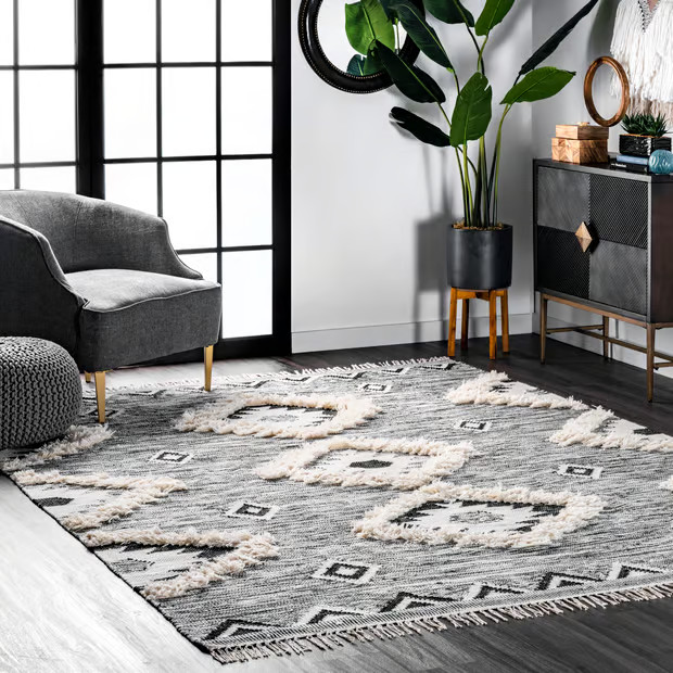 Black Shaggy Moroccan Lattice Fringe Area Rug | Rugs USA