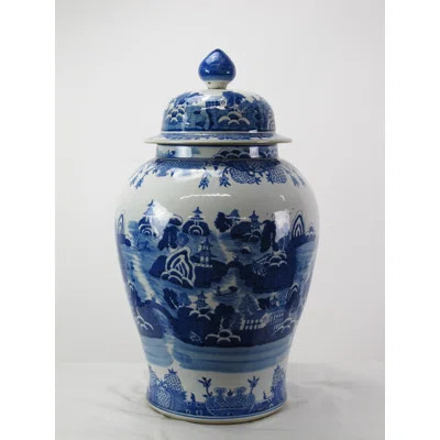 Large 27.5 Inch Tall Blue And White Porcelain Ginger Jar With Hand Painted Scenery | Wayfair North America