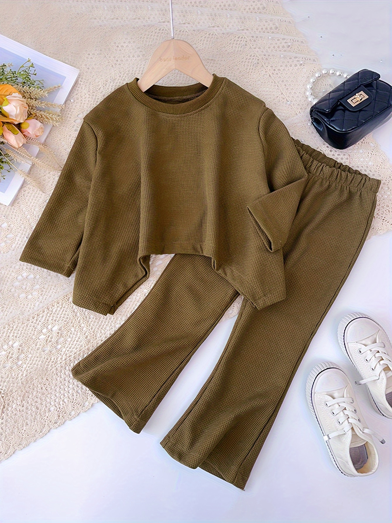 Girls Waffle Pattern Pullover + Flare Pants Set Spring Fall - Temu | Temu Affiliate Program