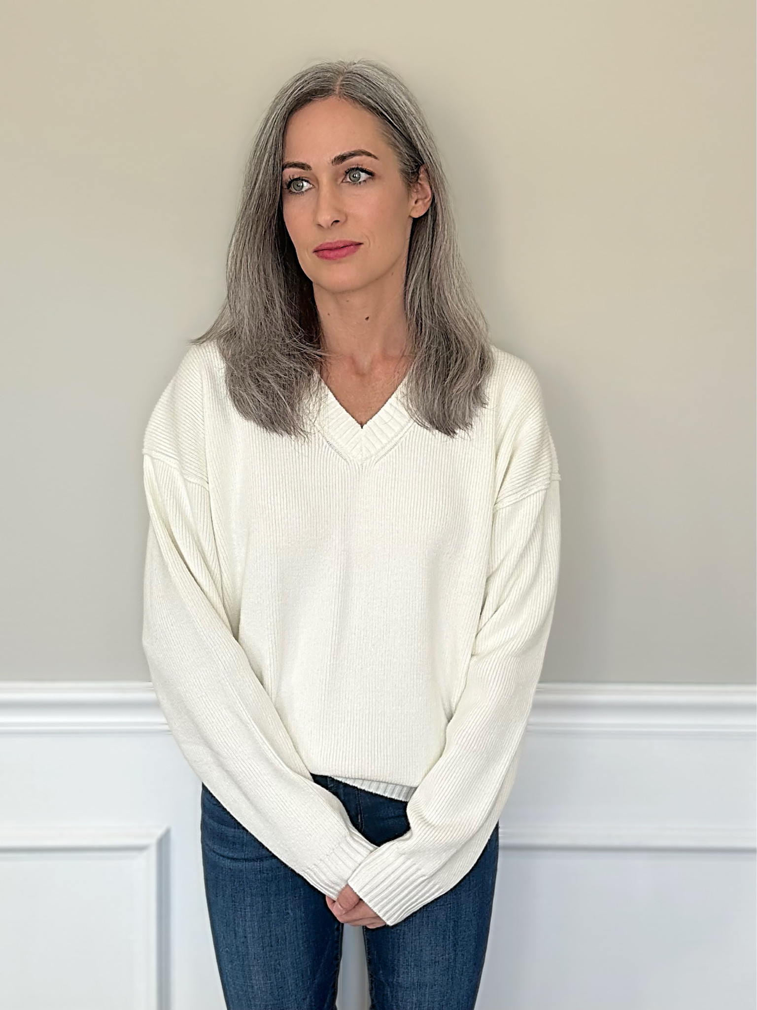 The coziest sweater! Oversized fit, wearing a small!