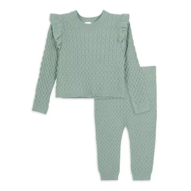 Modern Moments by Gerber Baby & Toddler Girl Cable Knit Ruffle Sweater & Pant, 2-Piece Outfit Set... | Walmart (US)