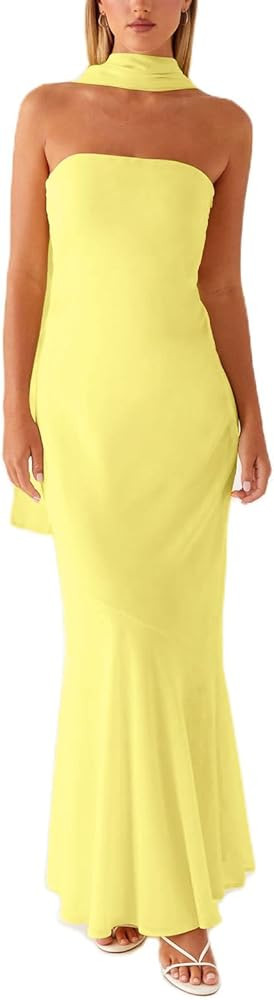 Women Strapless Floral Dress with Sarf Mesh Tube Maxi Dress Summer Cocktail Wedding Guest | Amazon (US)