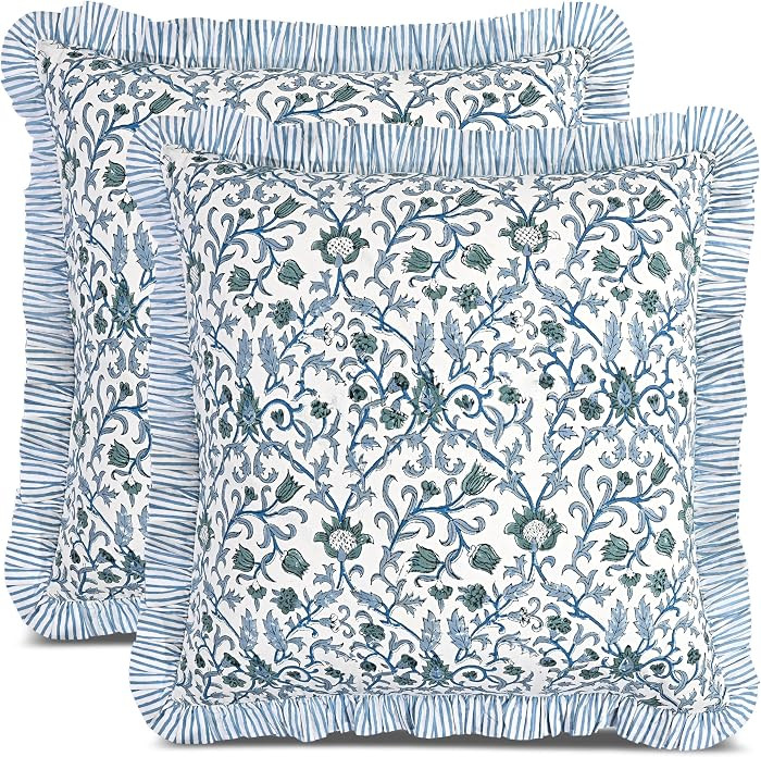 CPC Ocean Vine Hand Block Print 100% Cotton Ruffle Throw Pillow Cover 18x18 inch with Hidden Zipp... | Amazon (US)