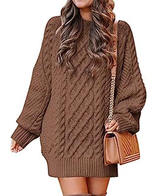 ANRABESS Women Crewneck Long Sleeve Oversized Cable Knit Chunky Pullover Short Sweater Dresses | Amazon (US)