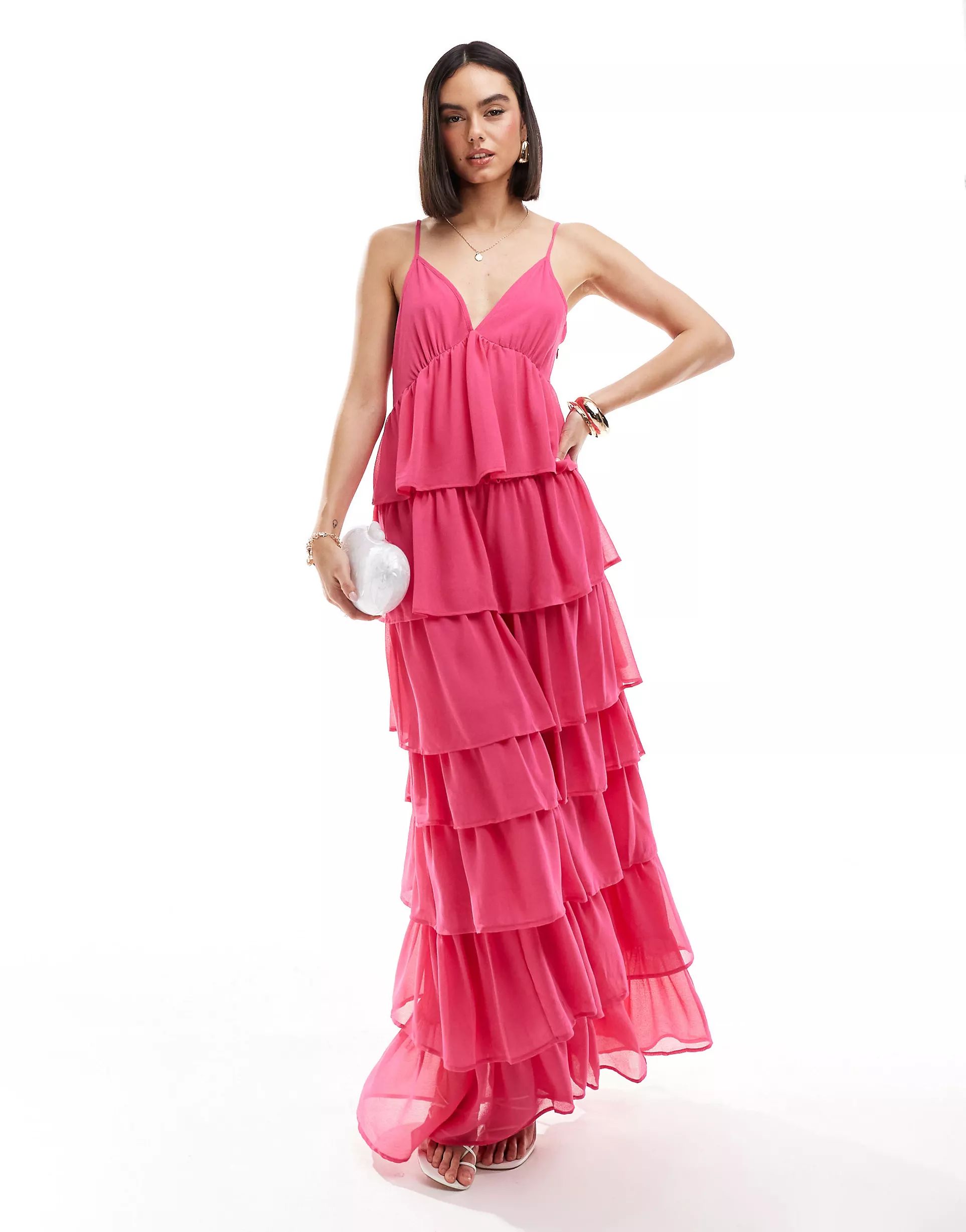 Vila tiered frill maxi cami dress in bright pink | ASOS | ASOS (Global)