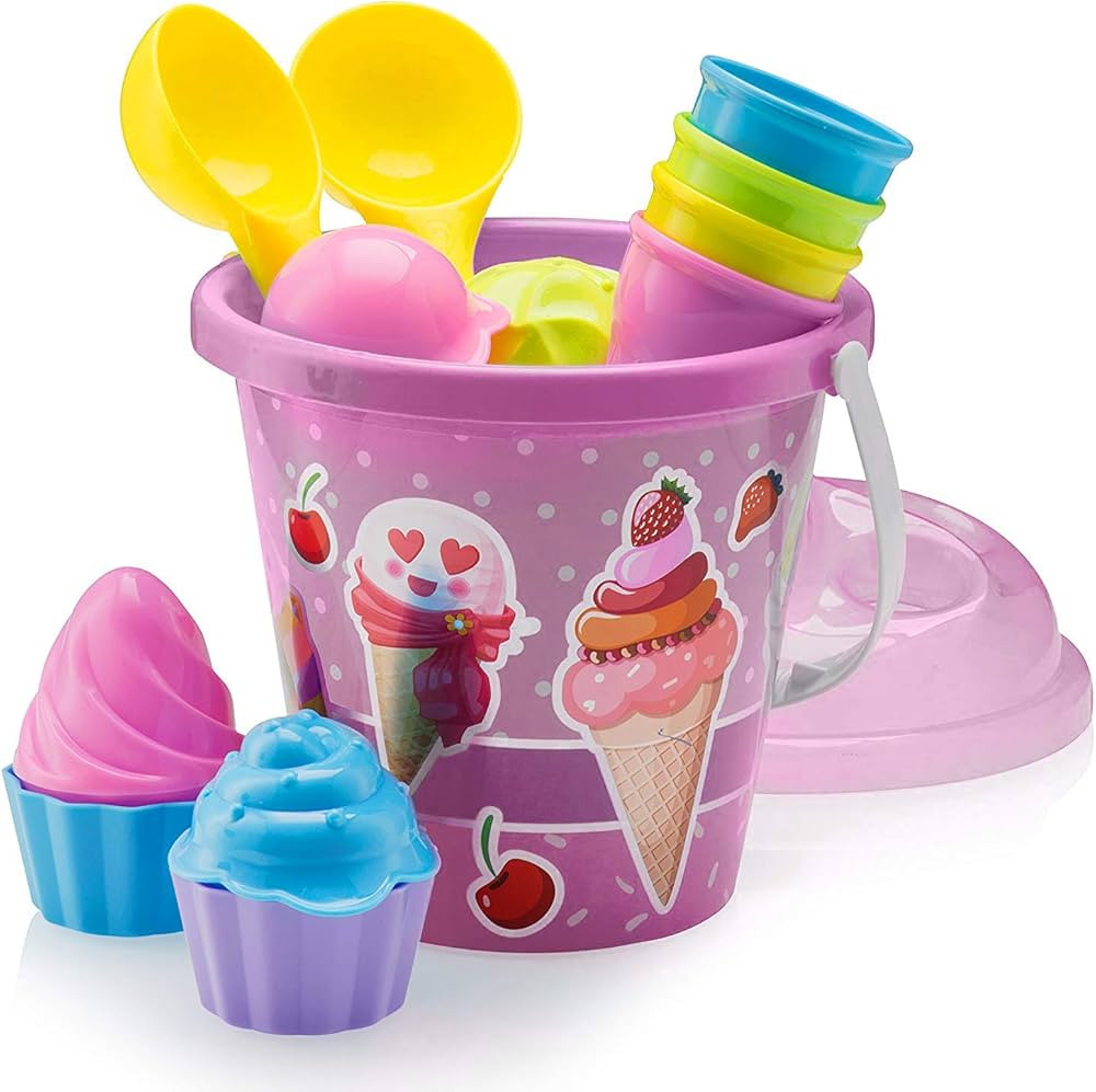 Top Race Ice Cream Sand Toys for Kids with Large 9" Bucket Pail and Spade Scoop Shovels - Kid Bea... | Amazon (US)