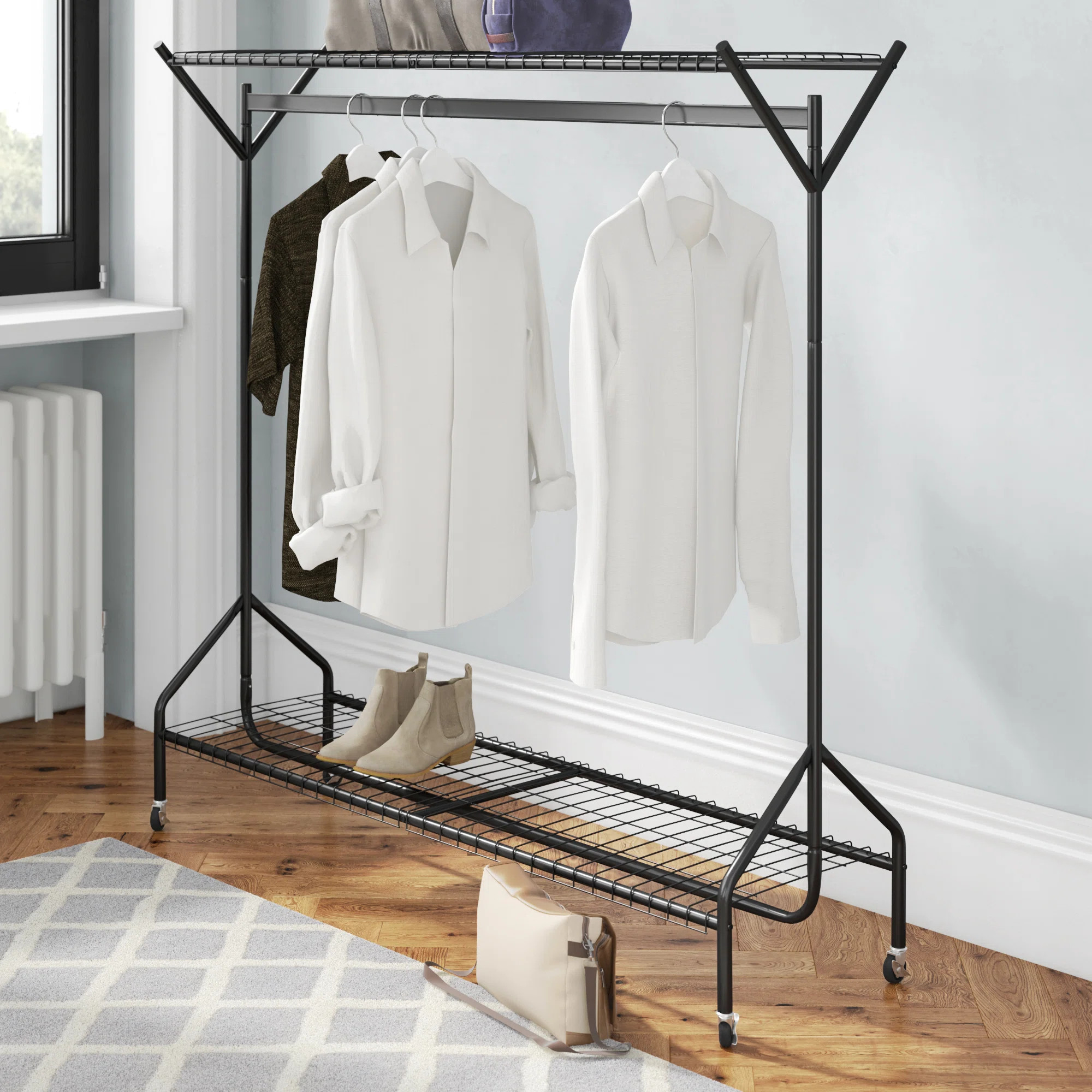 Clothing Rail Heavy Duty Hanging Clothes Shoe Hat Rack Shelves With Wheels | Wayfair UK