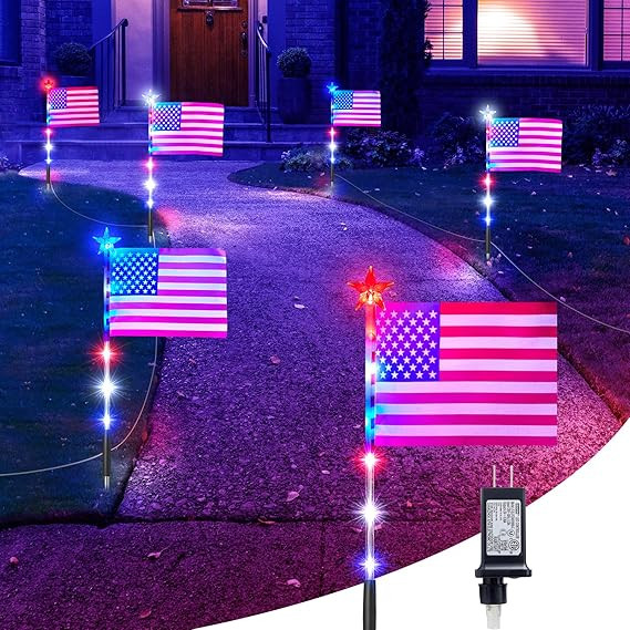 4th of July Decorations Outdoor, Brightown Red White and Blue Lights, 6 Flag Lights Pathway, Memo... | Amazon (US)