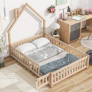 Natural Wood Frame Full Size House Platform Bed, Floor Bed with Chimney and Roof Design, Fence Gu... | The Home Depot