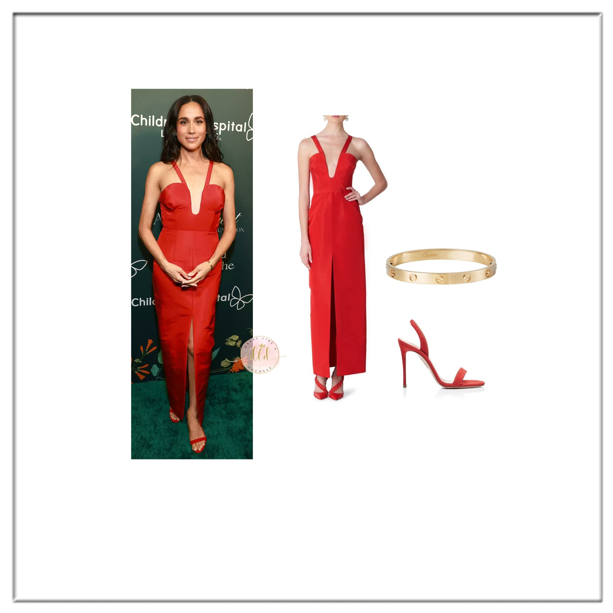 {New} Meghan Markle October 5, 2024 at the Children’s Hospital LA gala wearing her Carolina Herrera Plunge Neck Silk-Faille Gown in Red without the overskirt + Aquazzura so nude 105 sandals in red and her Cartier Love bracelet

Meghan looked stunning in this scarlet ensemble with its modern column gown silhouette and plunging bustier neckline. 💃

(Getty images via twitter)

#redcarpet #gown #wedding #evening #formal #prom #ootd
