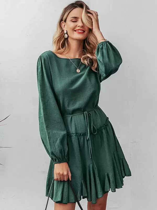 Simplee Bishop Sleeve Frill Trim Belted Godet Dress | SHEIN