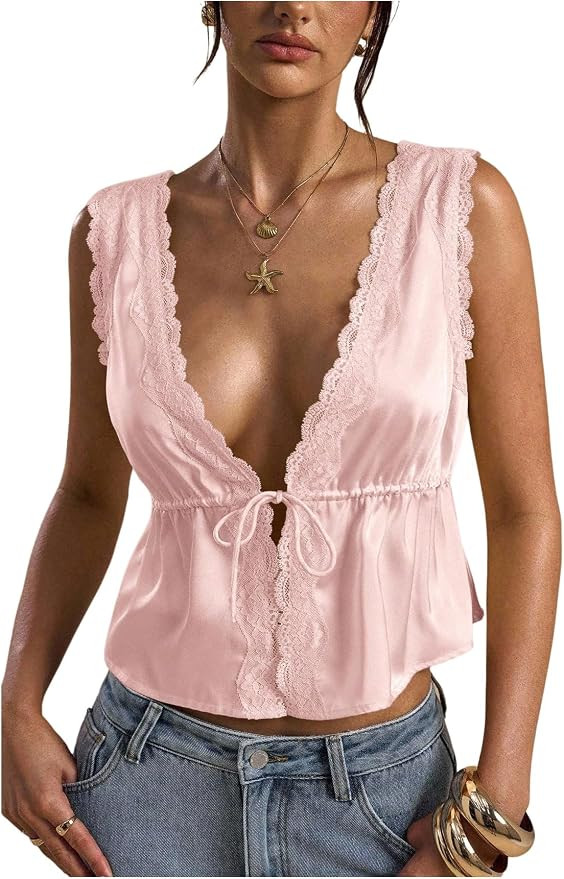 RoseSeek Women's Tie Front Deep V Neck Peplum Tops Lace Trim Sleeveless Satin Crop Tank Top | Amazon (US)