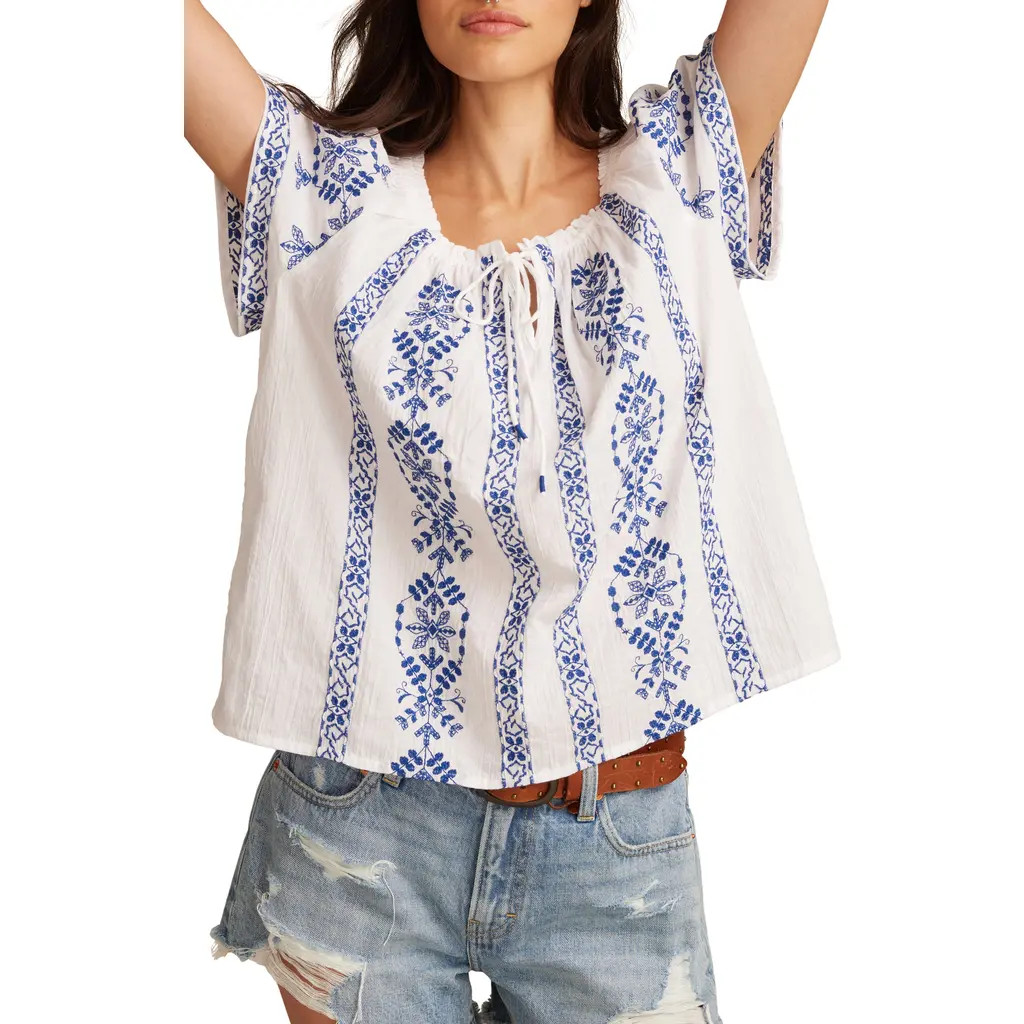 Lucky Brand Floral Embroidered Short Sleeve Cotton Peasant Top in White at Nordstrom, Size Large | Nordstrom