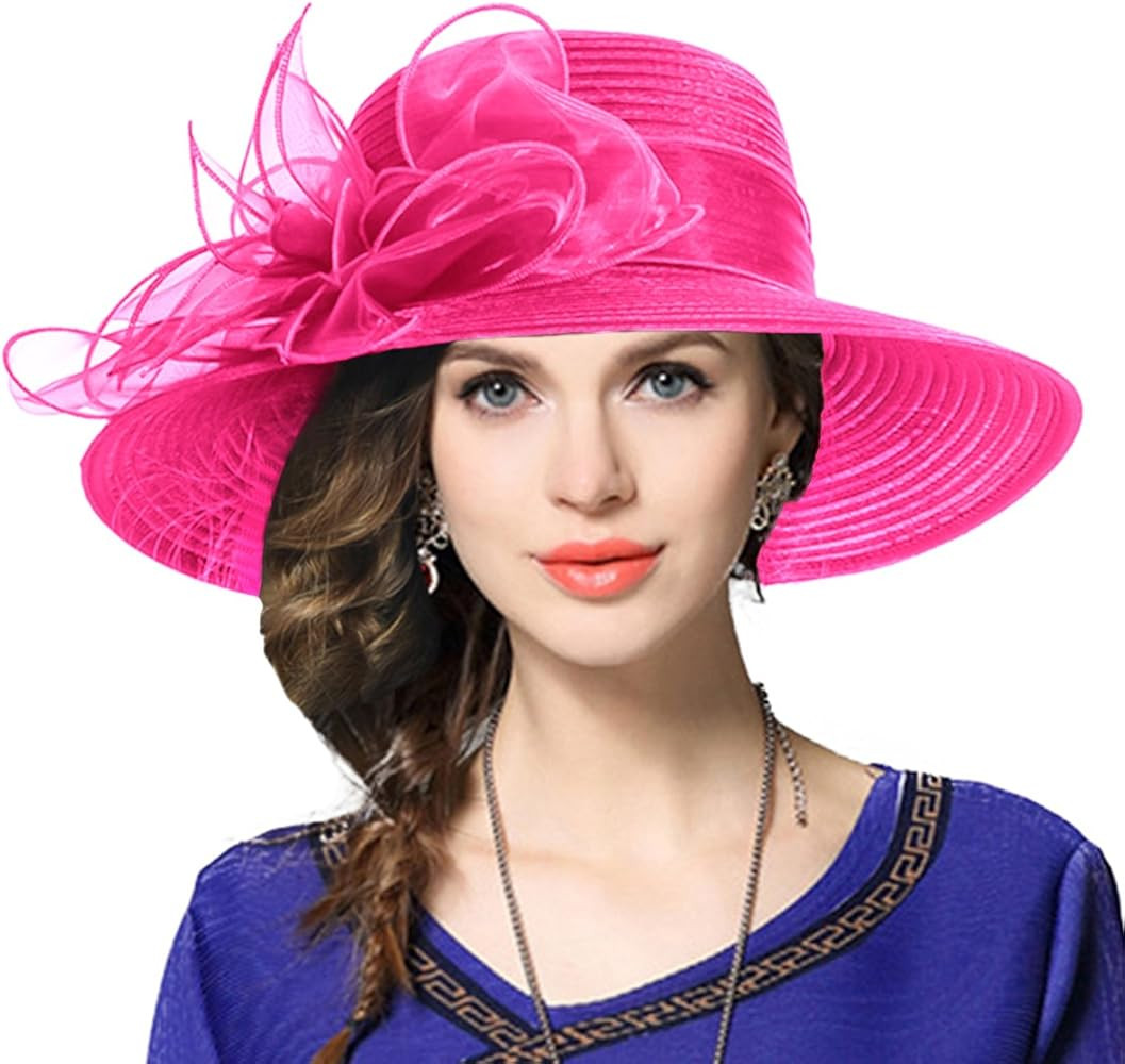 Women Derby Church Dress Hat Wide Brim Leaf Flower Bridal Shower Hat | Amazon (US)
