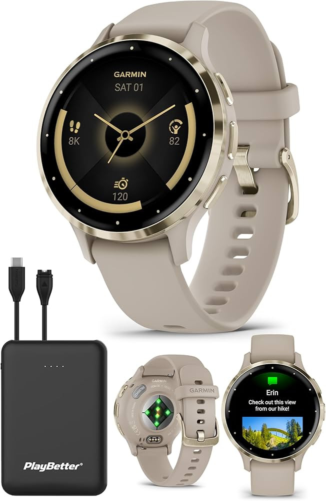 Garmin Venu 3S (Soft Gold/French Gray) Fitness GPS Smartwatch Bundle - AMOLED Touchscreen, 10 Day... | Amazon (US)