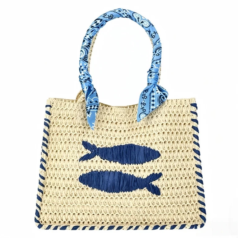 Ladies Mini Straw Handbag Light Natural Woven Beach Purse Small Tote Bag with Fish Embroidery Sum... | Walmart (US)