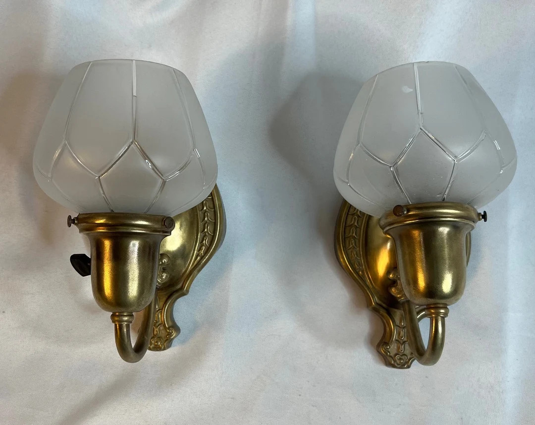 Matched Set of 4 Antique Brass Wall Sconces With Frosted Glass Shades sold in Pairs - Etsy | Etsy (US)