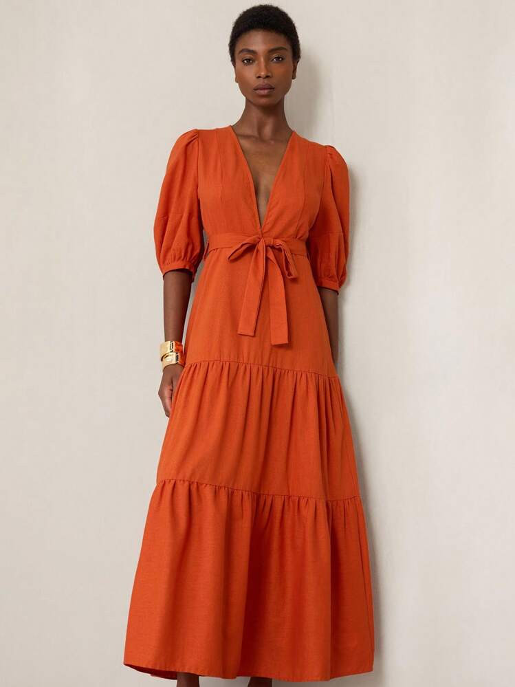 Aveloria Modichic Elegant Holiday Style Imitation Linen Dress Splicing Deep V Cinched Waist Mid-Sleeve Ladies Long Dress | SHEIN
