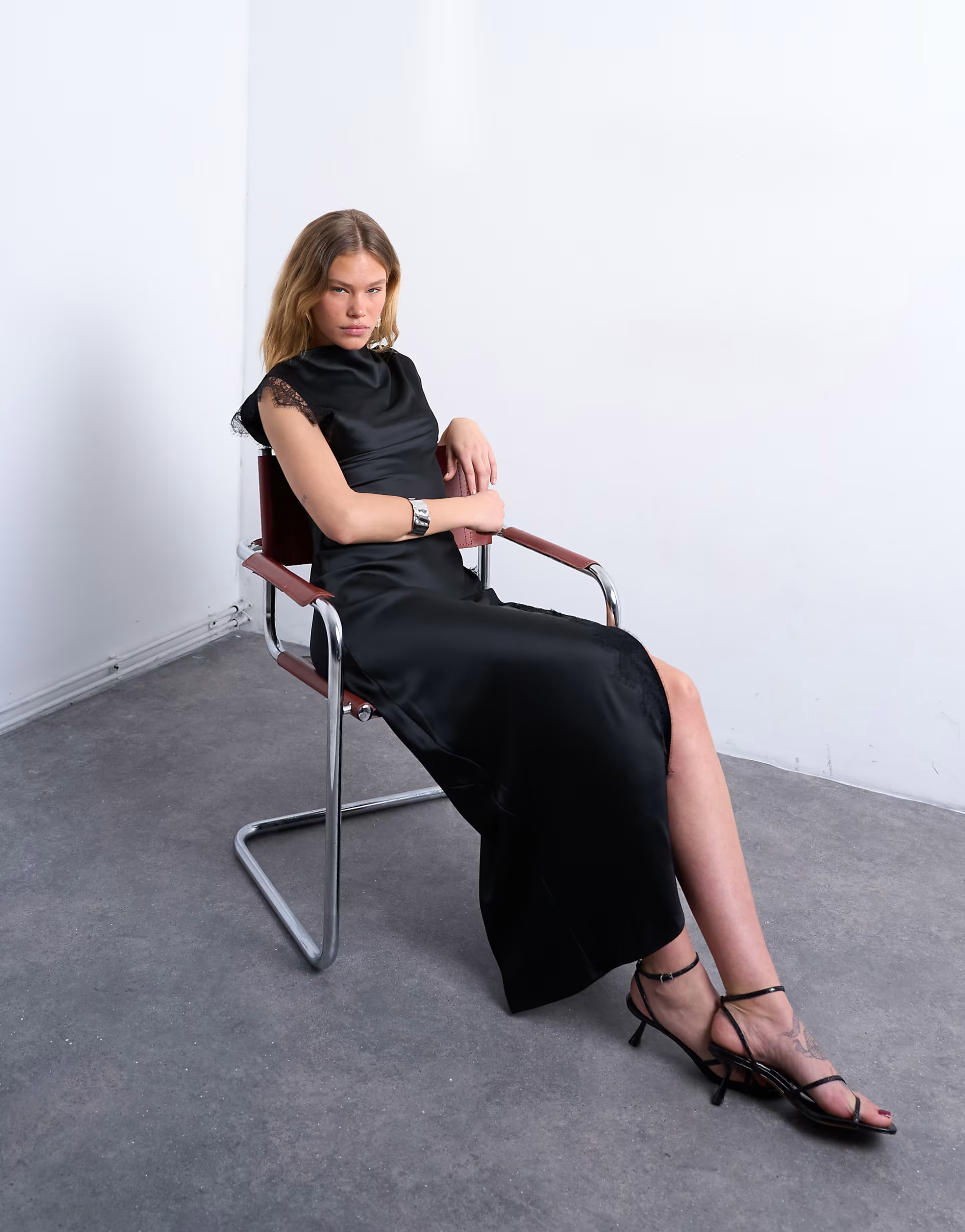 Topshop satin draped neck maxi dress with lace trim in black | ASOS (Global)