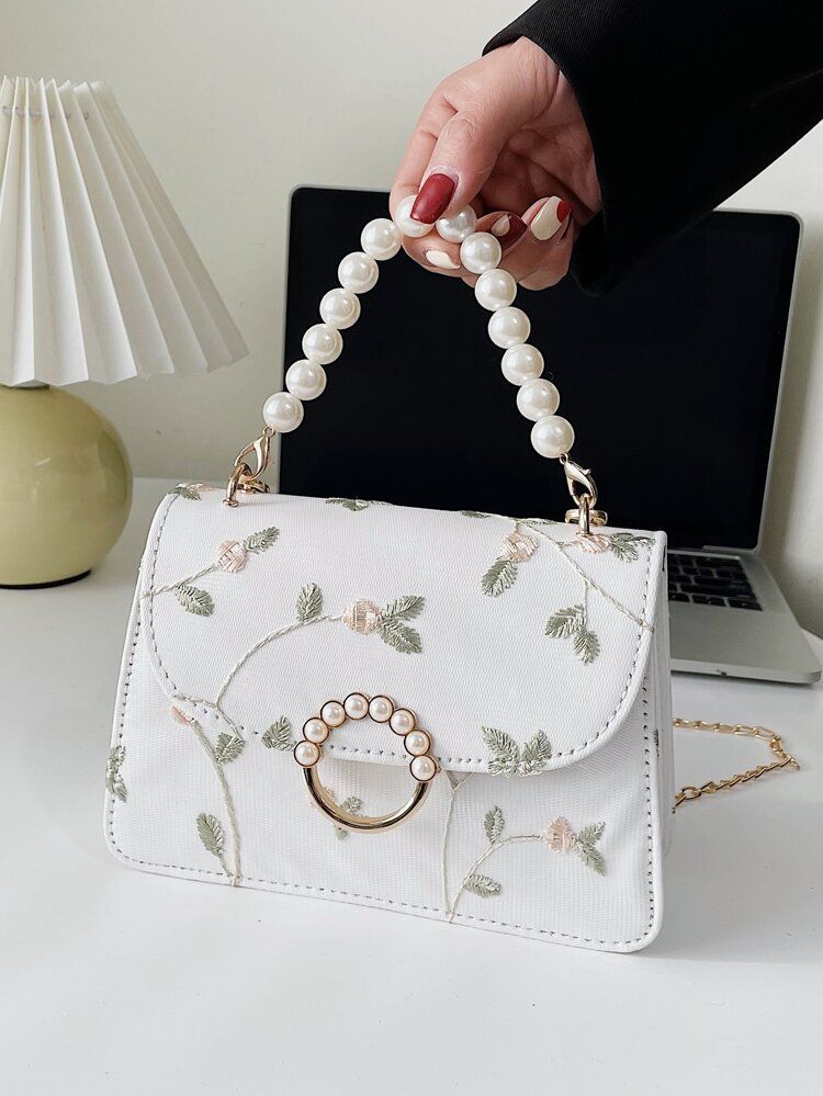 Faux Pearl Decor Floral Embroidery Satchel Bag | SHEIN