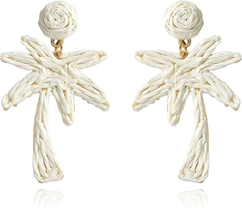Raffia Palm Tree Dangle Earrings for Women, Tropical Boho Beach Coconut Tree Earring, Handwoven L... | Amazon (US)