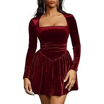GOBLES Women's Sexy Long Sleeve Square Neck Velvet Bubble Mini Cocktail Party Dress | Amazon (US)