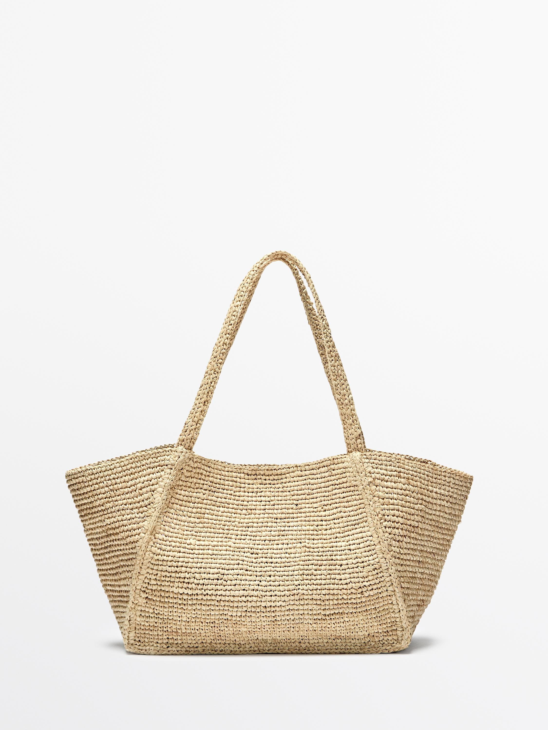 100% raffia mid-sized tote bag | Massimo Dutti UK