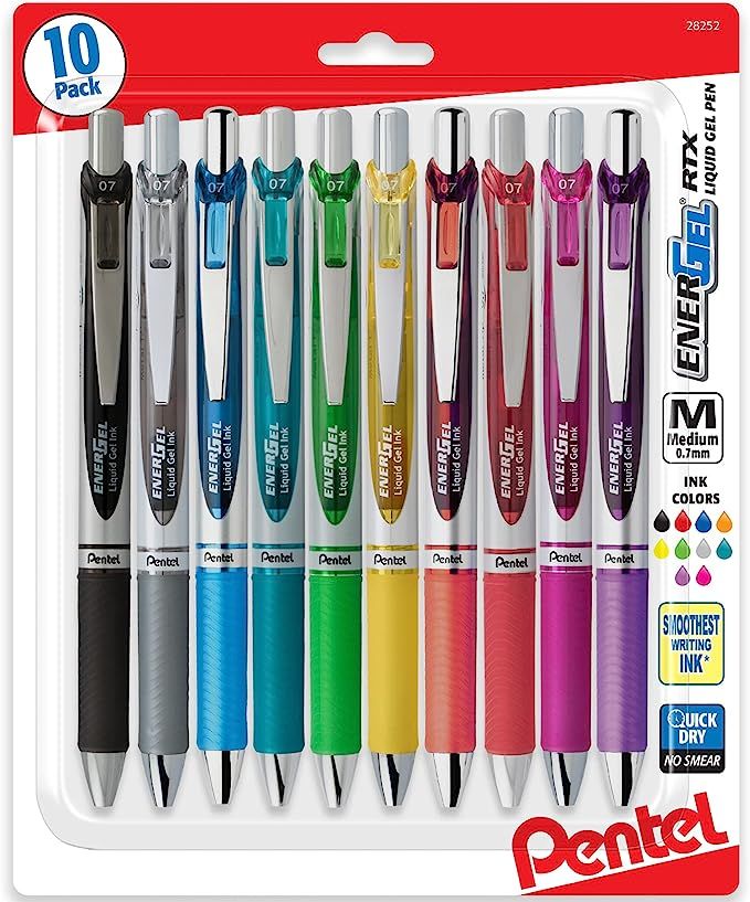 Pentel EnerGel 0.7 MM RTX Retractable Liquid Gel Pen, 10 Pack of New Assorted ink Colors, Metal T... | Amazon (US)