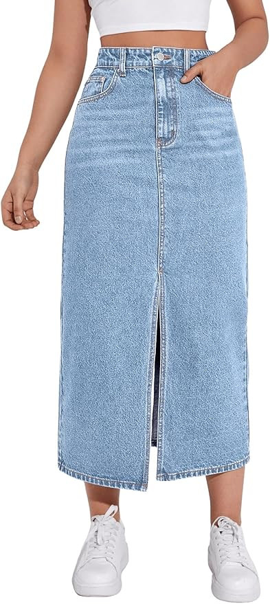 SweatyRocks Women's Casual Denim Skirt High Waist Split Front Long Jean Skirts | Amazon (US)