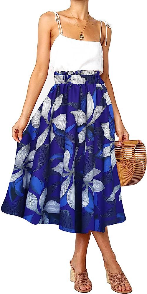 Sinono Women Elastic High Waist A Line Floral Print Swing Chiffon Beach Midi Long Skirt with Pock... | Amazon (US)