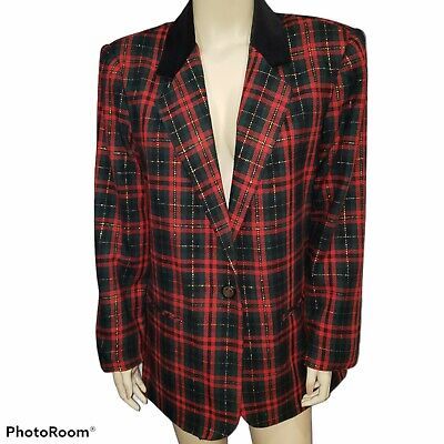 Vintage SAG HARBOR Tartan Red Plaid Blazer Wool Jacket Coat Sz 14 Velvet Collar | eBay US