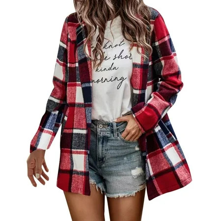 LEKODE Button Up Shirts for Women Women s Flannel Plaid Light Weight Thin Tops Shirts Raglan Long Sleeve Button Down Chest Pocketed Shirts Blouse Cardigan Jacket | Walmart (US)