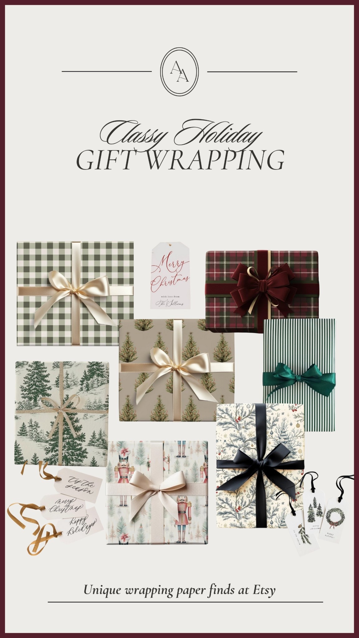 Holiday gift wrapping- classy, timeless & unique gift wrap on Etsy! 

Holiday finds // gift wrapping // Christmas ribbon // aesthetic Christmas // Etsy finds 

#LTKHoliday #LTKSeasonal #LTKGiftGuide