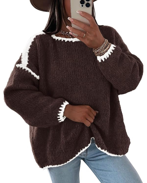 KIRUNDO Womens Sweaters 2025 Fall Oversized Long Sleeve Chunky Knit Crew Neck Contrast Stitching ... | Amazon (US)