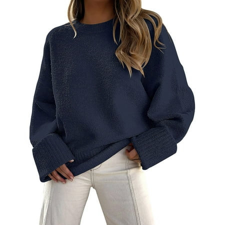 Women s Oversized Sweater Crewneck Long Sleeve Oversized Fuzzy Knit Chunky Warm Pullover Sweater Top | Walmart (US)