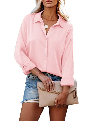HOTOUCH Pink Button Down Shirt Women Lightweight Collared Button Up Shirts Slim Fit Chiffon Blouse Pink L | Amazon (US)