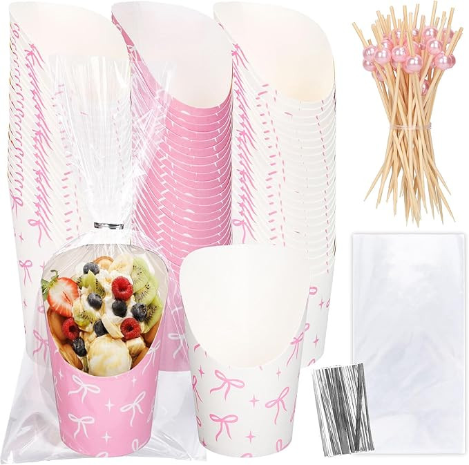FYSUIMU 50 Set Bow Charcuterie Cups with Sticks Bags Twist Ties Pink White Disposable French Frie... | Amazon (US)