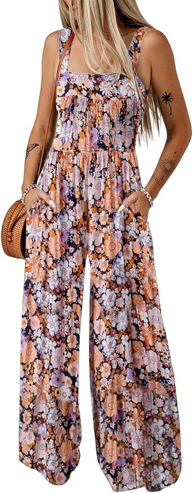 Happy Sailed Womens Overalls Casual Floral Print Summer Sleeveless Jumpsuit Wide Leg Long Pants R... | Amazon (US)